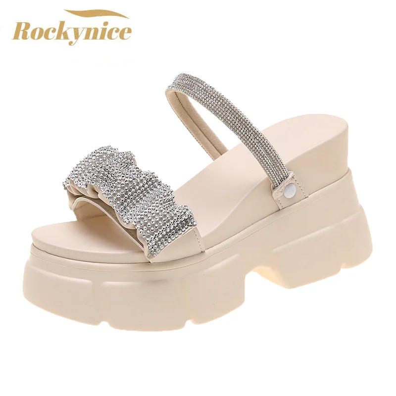 

Women Summer Sandals Beach Shoes New Crystals Flip-Flops Wedge Heel Shoes Woman High Platform Bling Slippers Outside Sandals 9cm