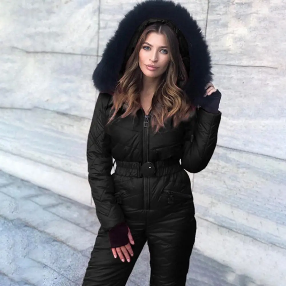 

Women Playsuit Solid Color Waterproof Padded Jumpsuit Winter Warm Hooded Rompers for Outdoor Skiing