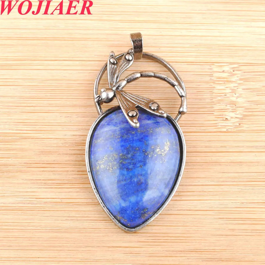 

WOJIAER One Antique Silver Color Pendant Water Drop Natural Stones Lapis Lazuli Bead Dragonfly Men Girl Dangle Jewelry PO9046