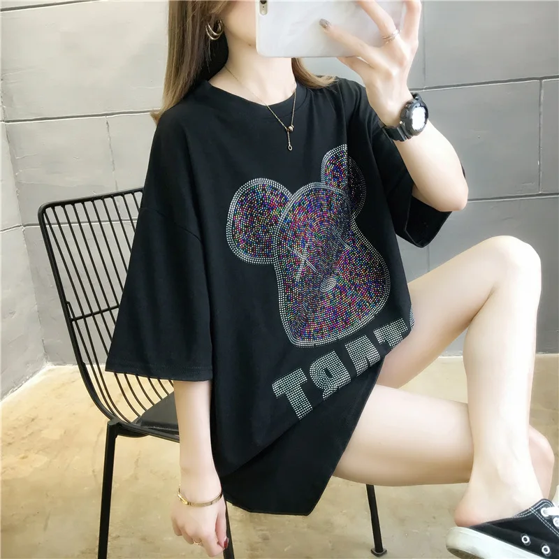 

RCWC T-Shirt Women 2021 New ins Tide Summer Korean Women's Bear T-shirt Loose Casual Street Harajuku Style Student Short Sleeves