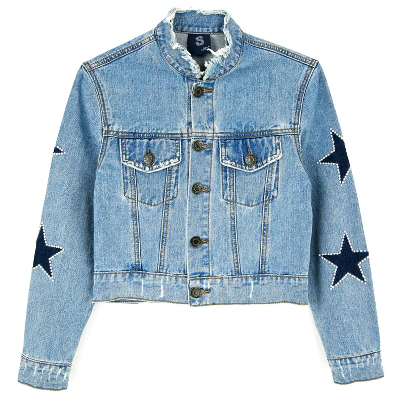 

Fashionable spring and autumn new wild star pearl long sleeve denim jacket