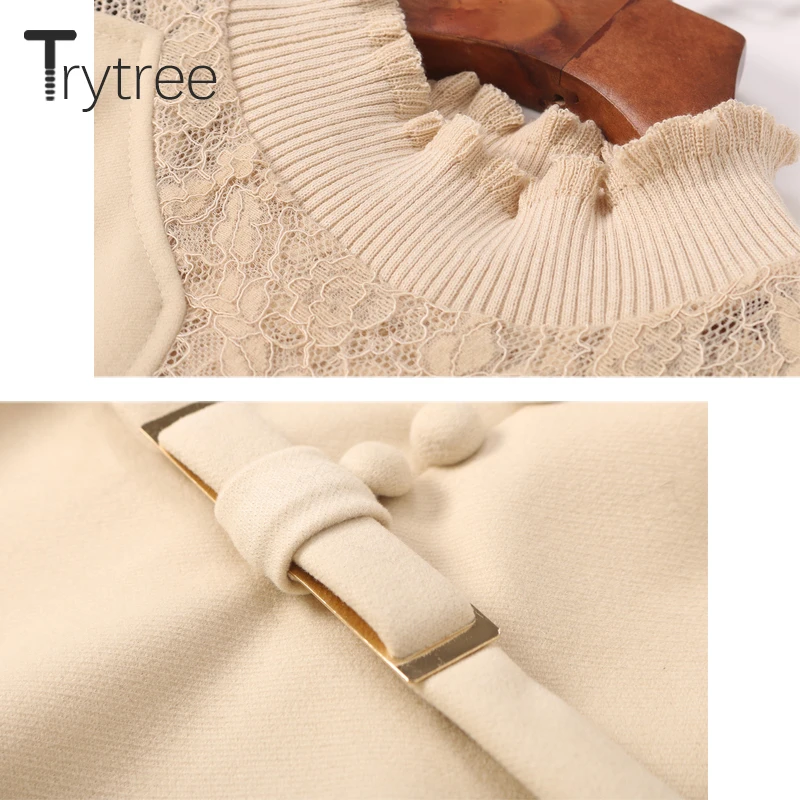 Trytree Осень Зима Женское платье на каждый день шаль с отложным воротом кружевное в