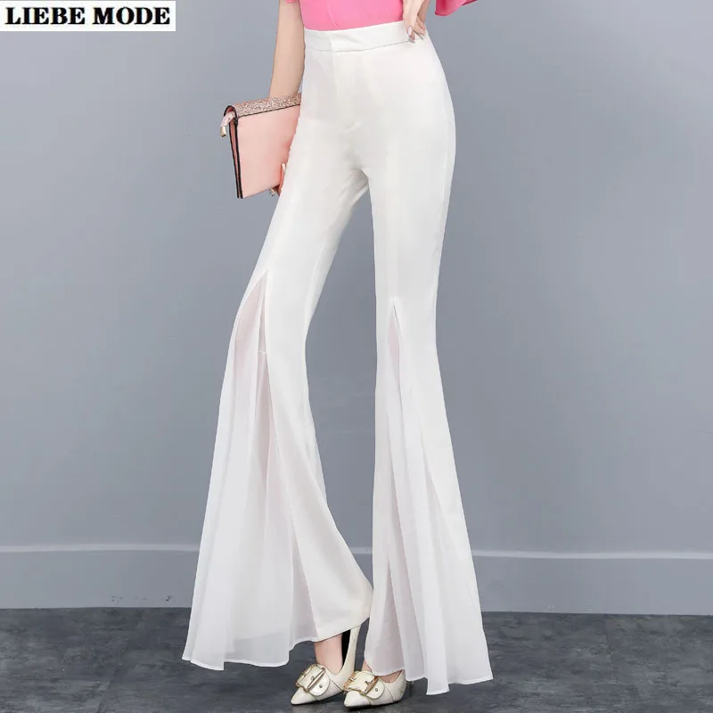 

Woman Super Flare Leg Pants for Women High Waist Chiffon Wide Leg Trousers Black White Korean Fashion Fishtail Bell Bottom