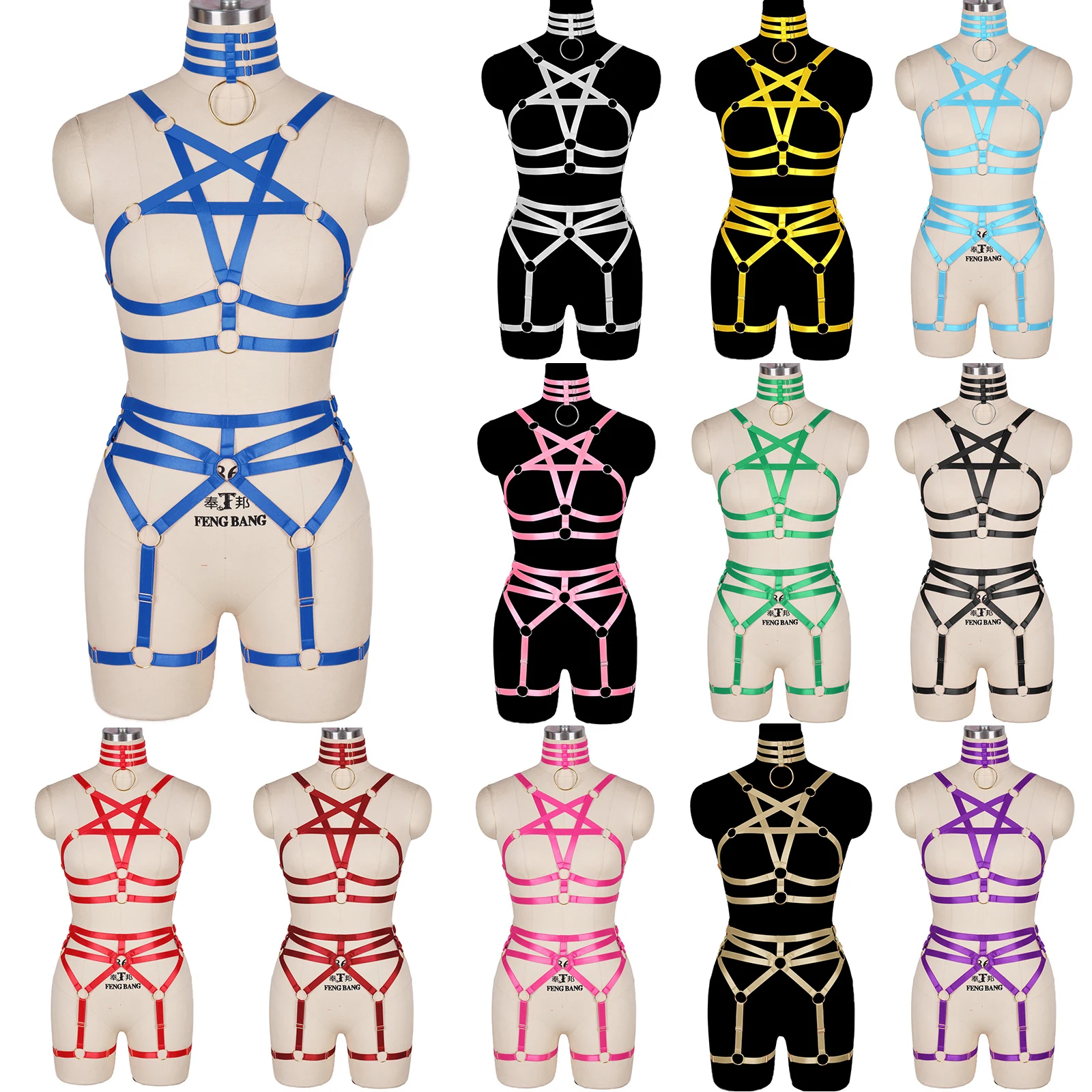 

Women Five-Pointed Star Bra Garter Straps Body Belts Waist To Leg Bondage Cage Fetish Sexy Underwear 2 Piece Harness Set