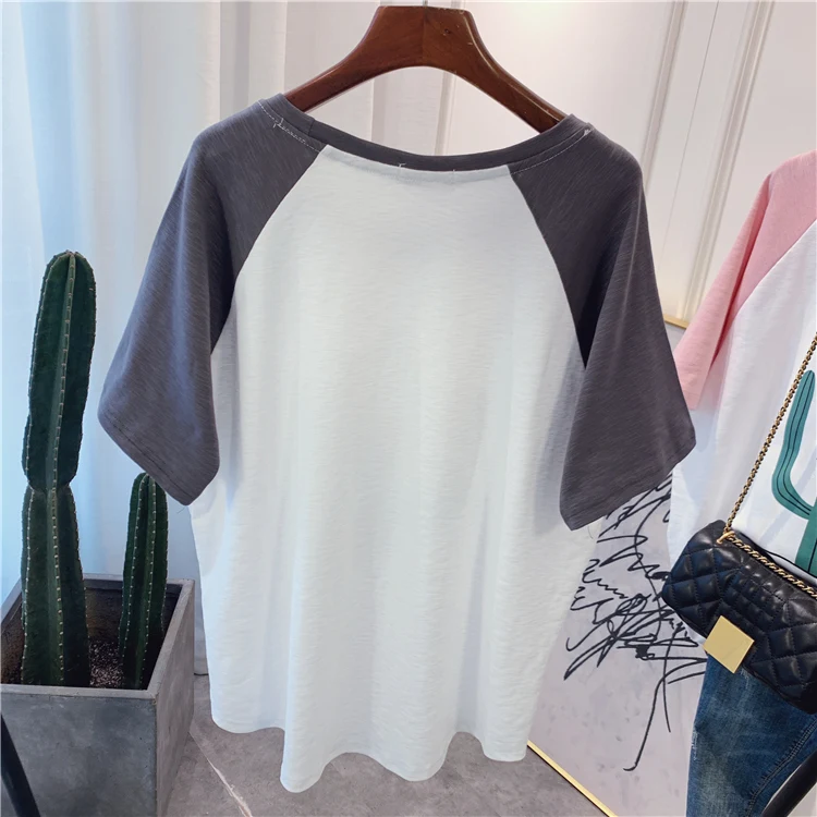 

Korean Fashion Loose Color Match Slub Cotton Short-Sleeve T-shirt 2021 New Summer Sweet Cute Women Tshirts Simple All-Match Tops