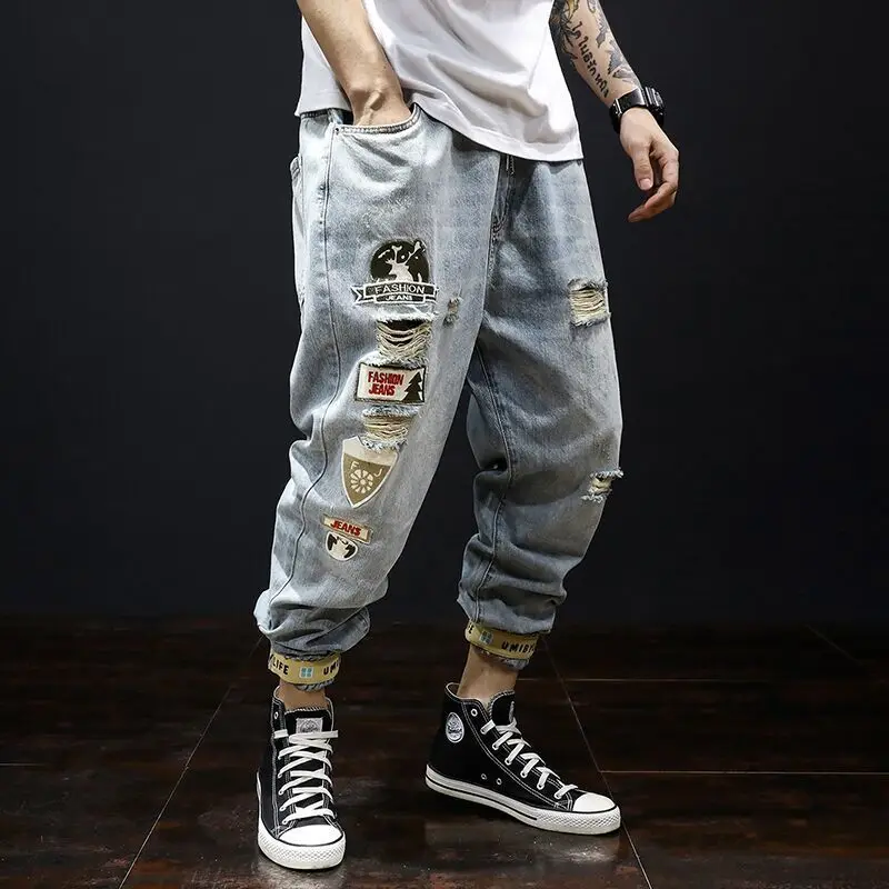 Ripped Jeans Mens Embroidery Harem Pants Spring and Autumn Loose Streetwear Hip Hop Sweatpants Elastic Waist Joggers Capri Pants