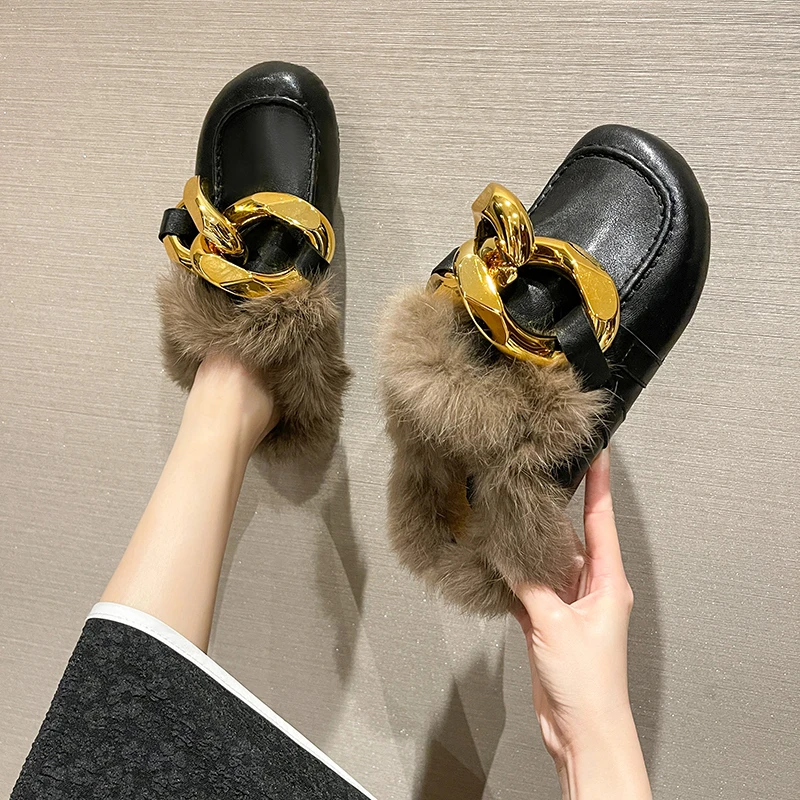 

Осень-зима 2021, модные тапочки Baotou на толстой подошве, женская теплая обувь с мехом, женские тапочки с металлической цепочкой, женская обувь