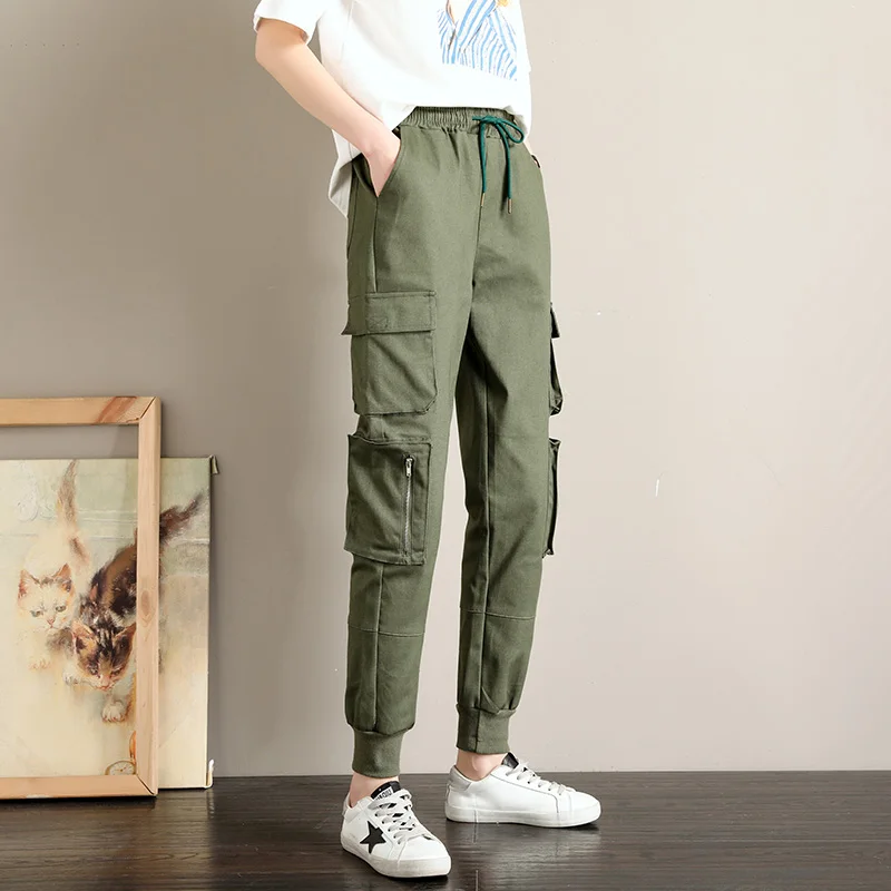 Женские брюки карго в стиле сафари хлопковые с эластичной резинкой на талии