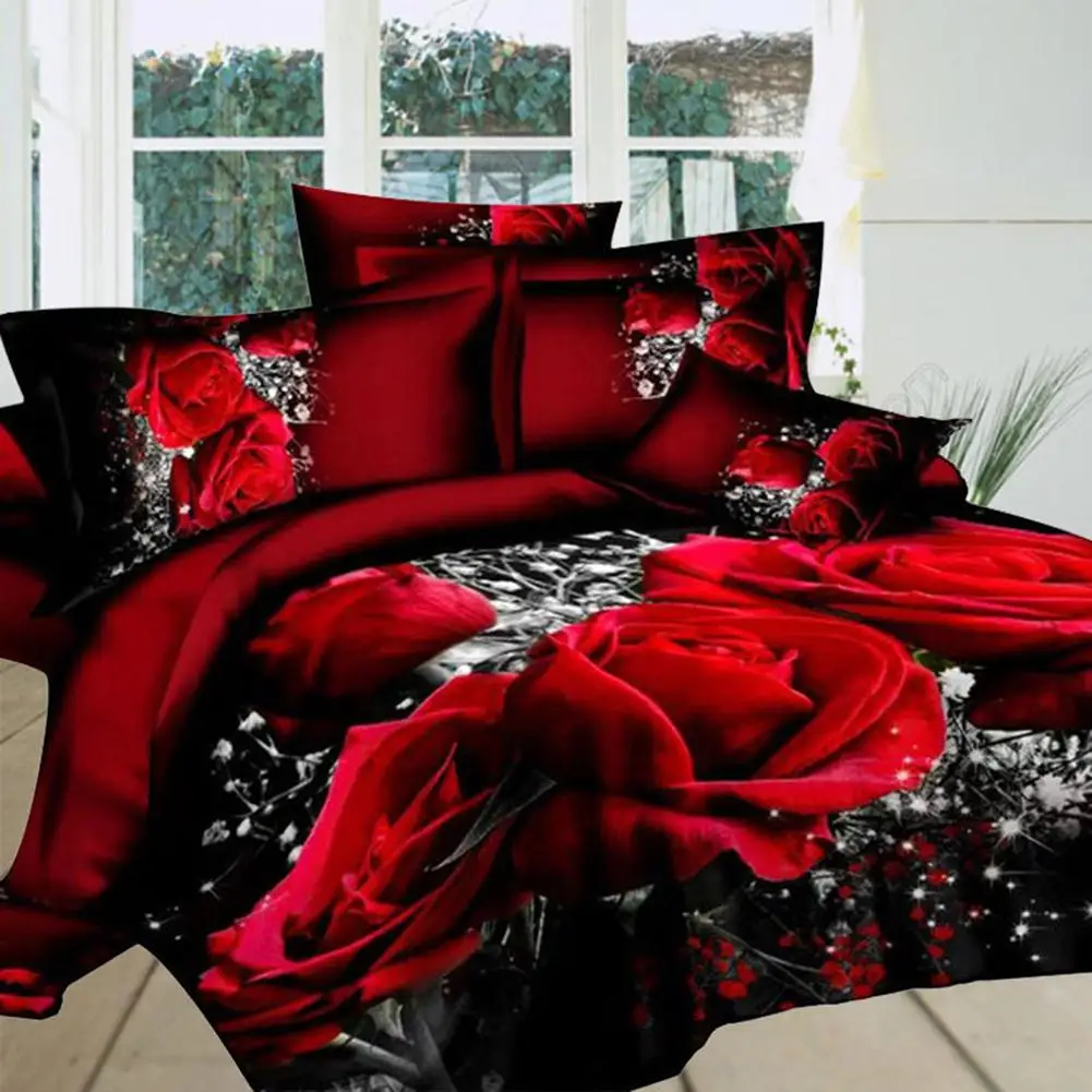

MeterMall 4 PCS 3D Big Red Rose Floral Bedding Sets Wedding Duvet Cover Sheet Pillow Cases Bed Set
