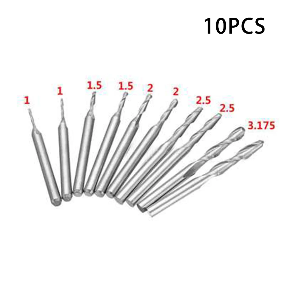 

Milling Cutter Router Bits 1 1.5 2 2.5 3.175mm Silver 10pcs set Ballnose