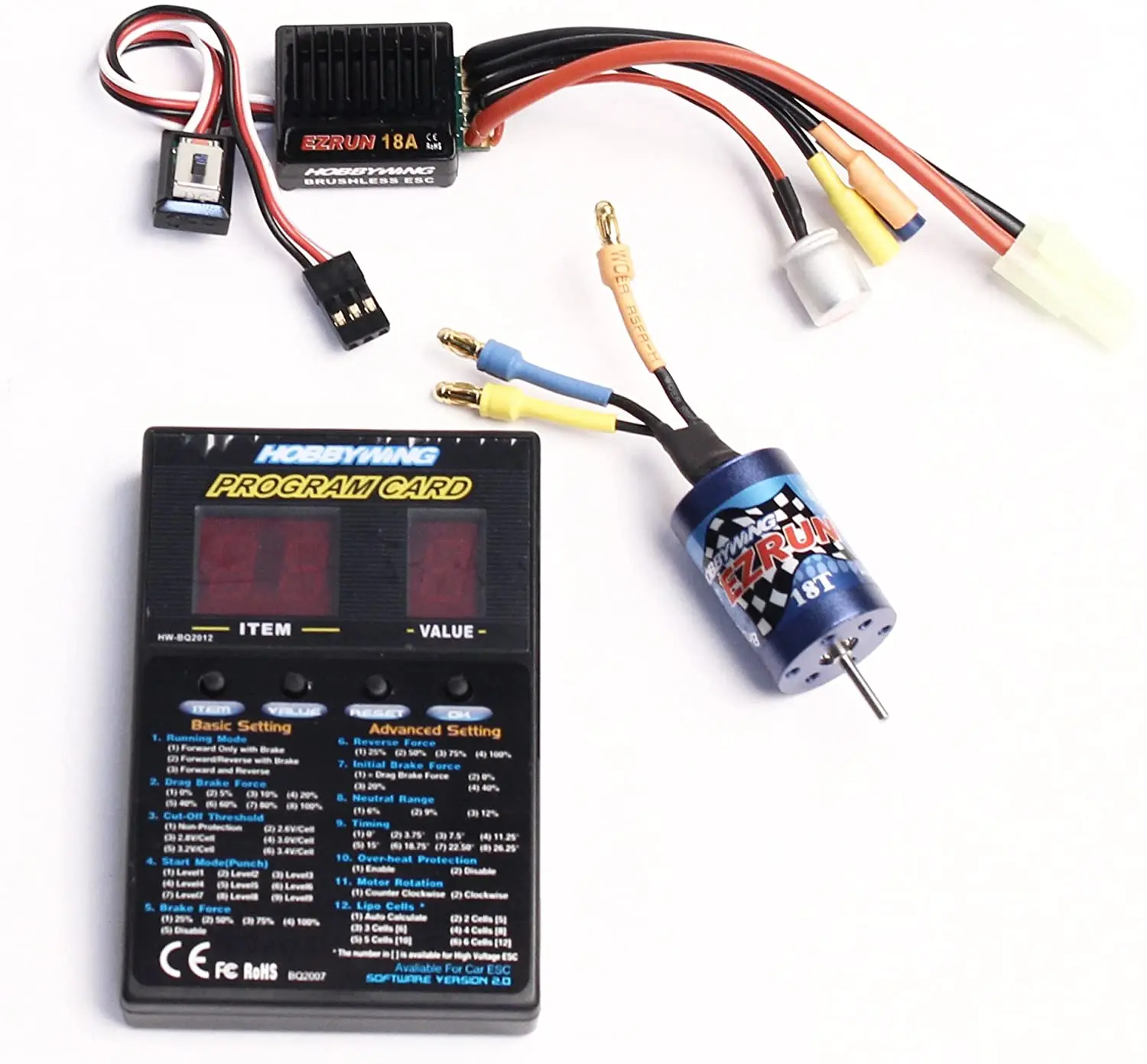 

Двигатель HOBBYWING A2 EZRUN 18A SL ESC 18T 2030 5200KV со светодиодной программной картой