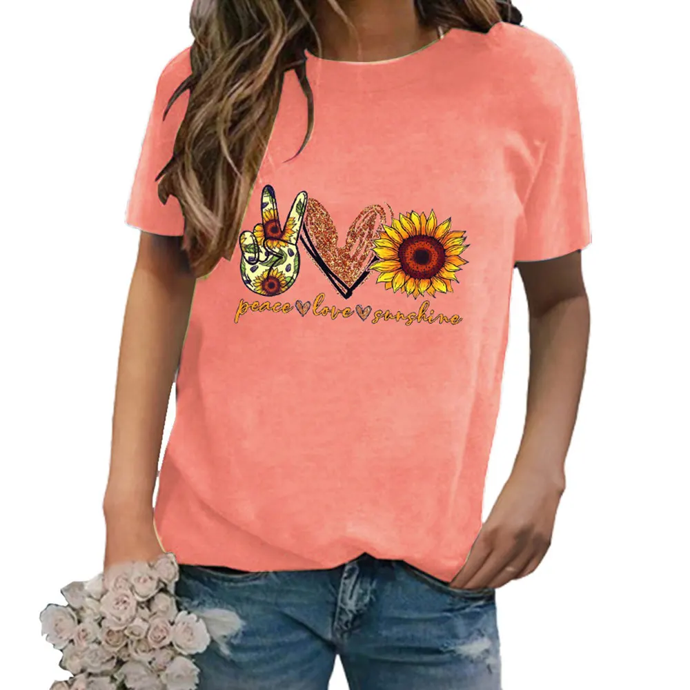 

VICABO Women Summer Short Sleeve T-Shirt Crew Neck Creativity Floral Love Letter Print Tees Casual Loose Basic Tops Plus Size