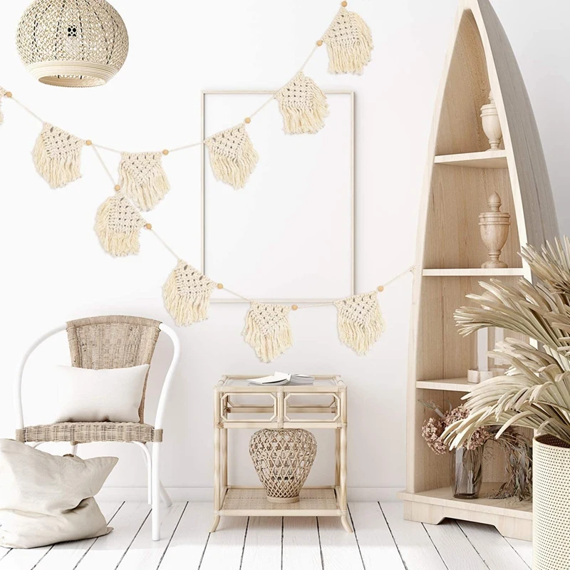 

Hot 2Pcs Macrame Woven Wall Hanging Fringe Garland Banner Bohemian Wall Decor Woven Handmade Wedding Wall Decoration