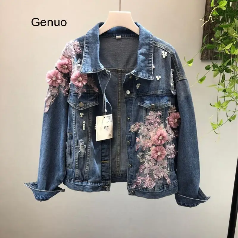 

2020 Autumn Women Denim Jacket Embroidery Three-dimensional Floral Jeans Jacket Beading Pearl Ripped Hole Bomber Outerwear