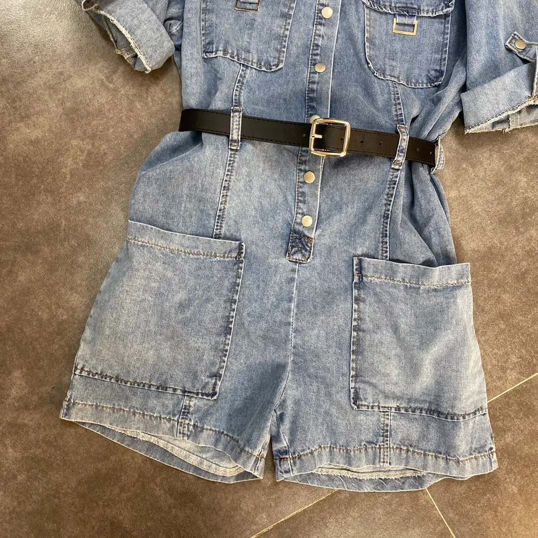 

ZCSMLL 2021 Summer Lapel Short-sleeved Black Rompers Multi-pocket Decorative Belt Waist Cool Handsome Street Denim Jumpsuit