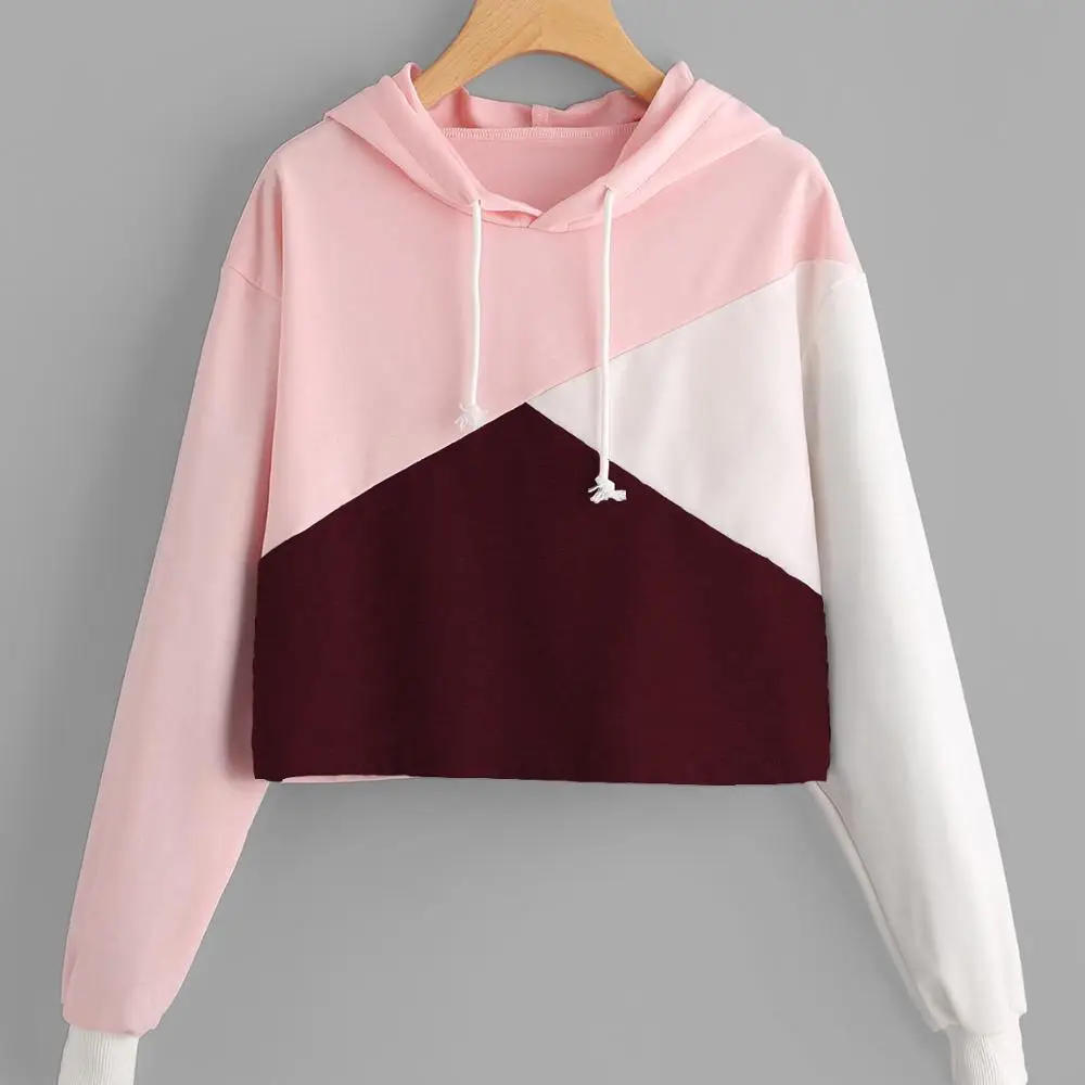 

Custom logos color block panels womens basic Crop Top Hoodies