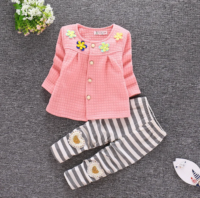 

Girls spring and autumn long-sleeved lace cotton T-shirt + trousers children's casual flower decoration two-piece