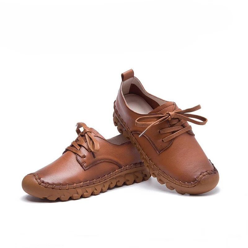 Туфли женские из натуральной кожи Прошитые вручную однотонные с круглым носком