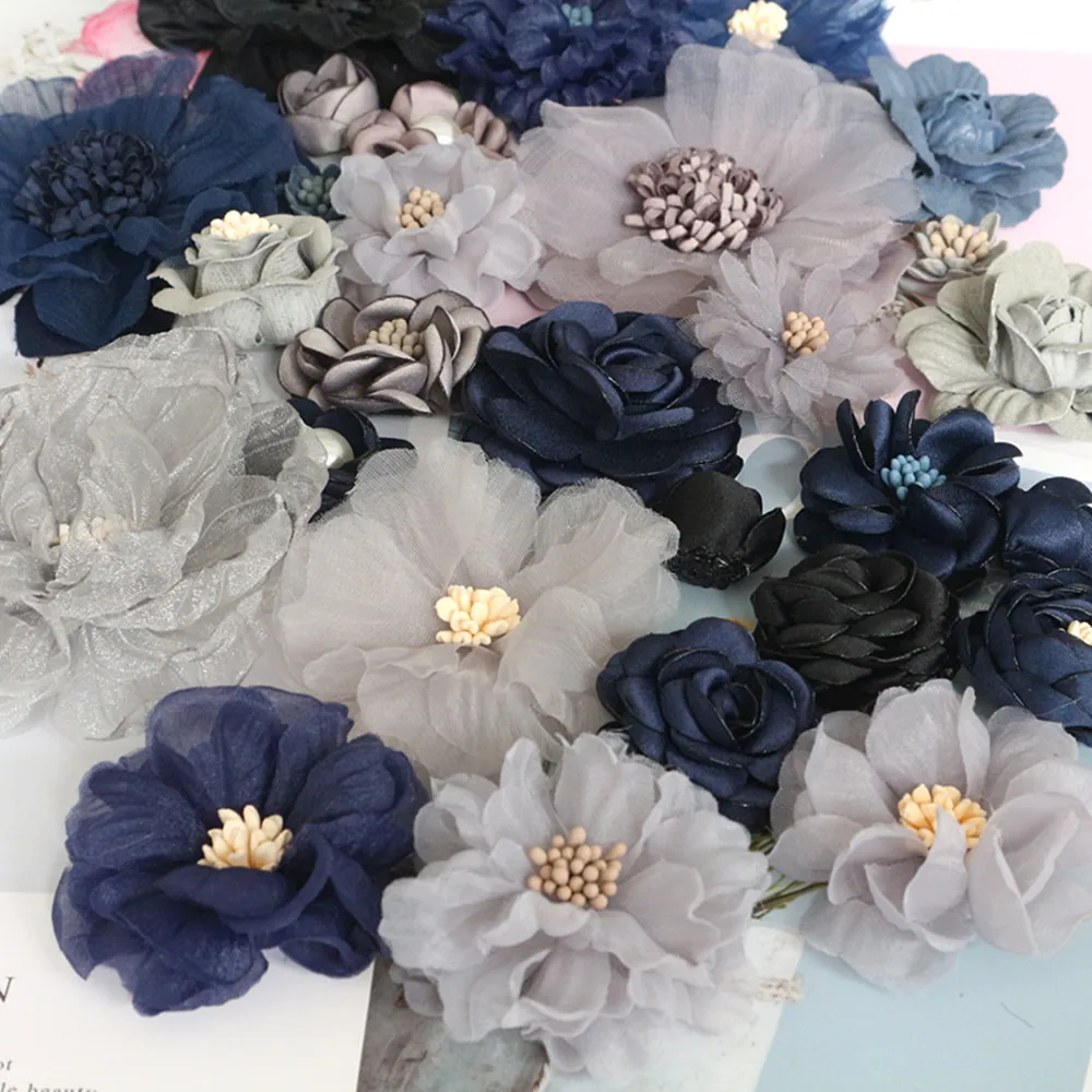 10 шт./лот серия серый черный Камелия Роза шифоновая ткань цветок для свадебного