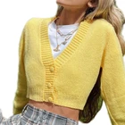Женский трикотажный кардиган, желтый однотонный облегающий Укороченный кардиган на пуговицах, с длинным рукавом и V-образным вырезом, теплый свитер, куртка