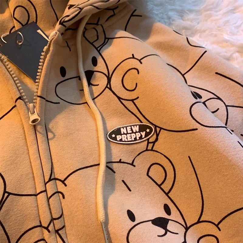 Vintage Long Sleeve Hoodie Sweetshirt Clothes Women 2021 Fashion Zip Up Cute Bear Hoodies Autumn Winter Coat Loose Harajuku Top