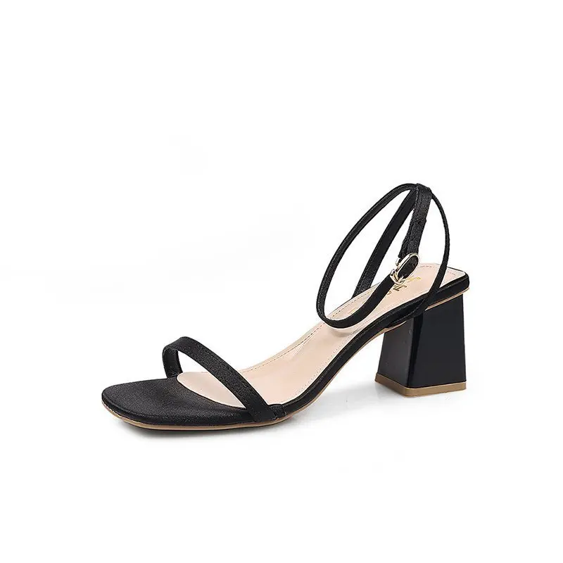 

Sandal female new style fairy square head thick heel shows toe one word to wear fashion high-heeled shoes outside belt
