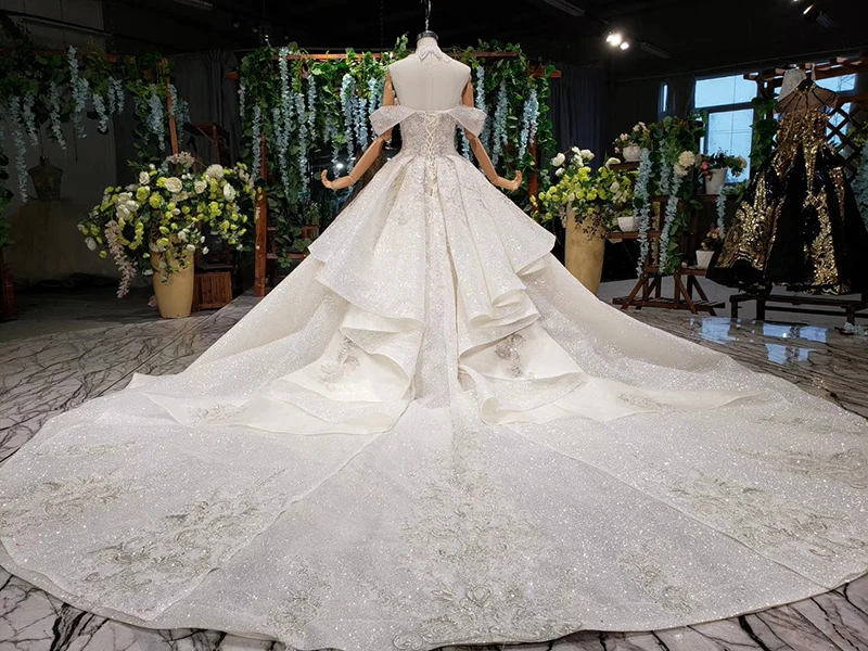 HTL988 vestido de noiva, свадебные платья принцессы, блестящее свадебное платье с открытыми плечами, воротником из бисера, цепочкой, королевским шлейфом, trajes de novia