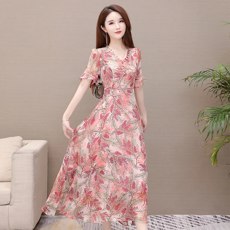 

Moeroshe Women Pink Printing Chiffon Dress Elegant O-neck Long Sleeve Spring Dresses Bohemian Style Beach Summer Dress Female