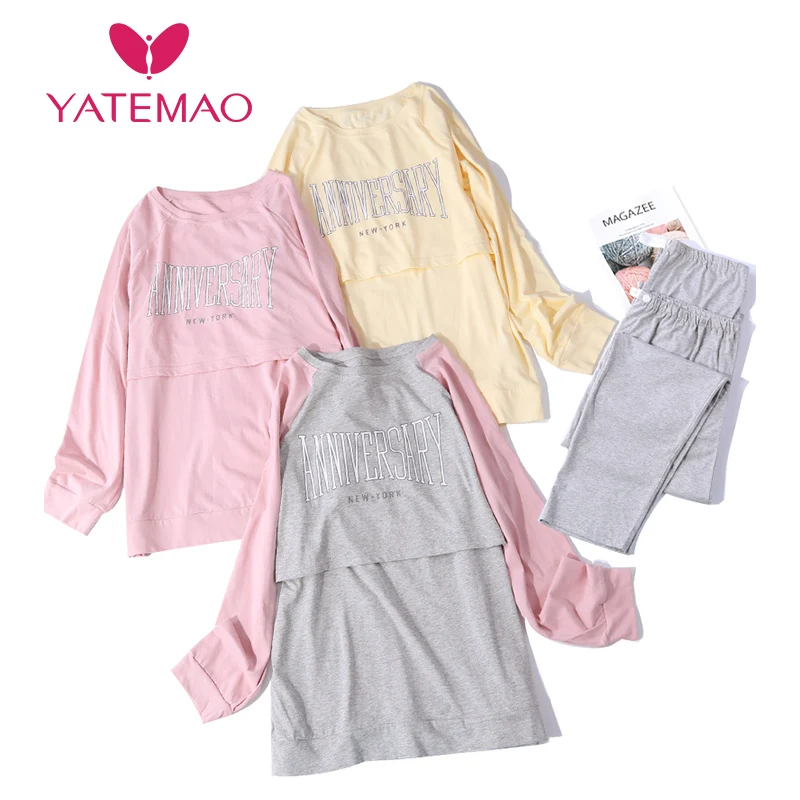 YATEMAO Long Sleeve Maternity Pyjama Nursing Clothes Maternity Pregancy Sleepwear Breastfeeding Clothing
