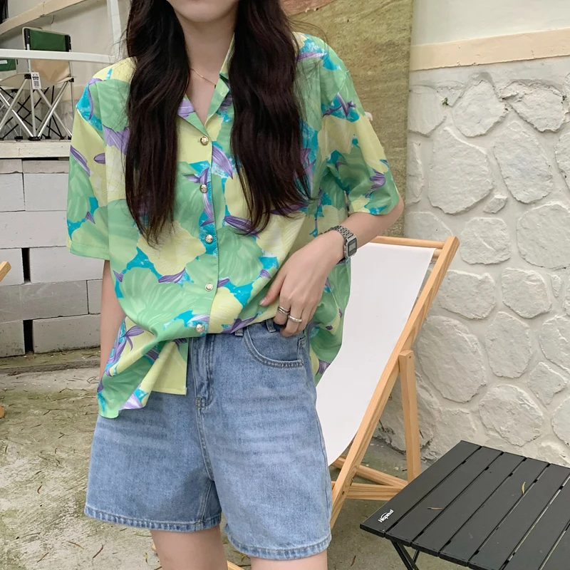 

Chiffon Loose Women's Shirts New Fashion Blouse Casual Short Sleeve Blusas Printing V-neck Shirt Summer Houthion