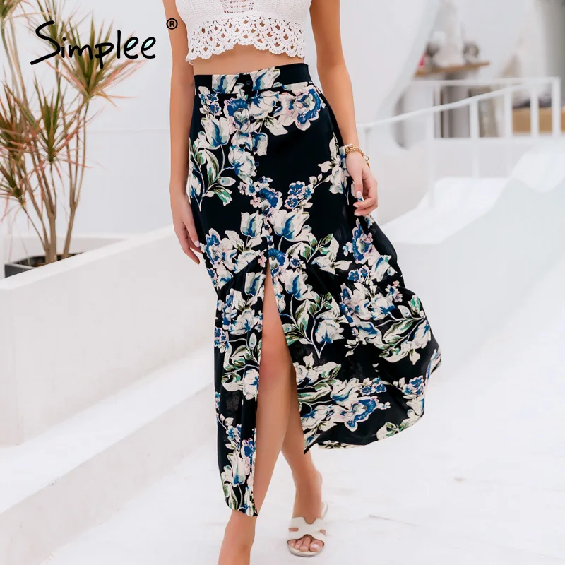 Женская юбка с высокой талией и цветочным принтом Длинные пуговицы для юбки