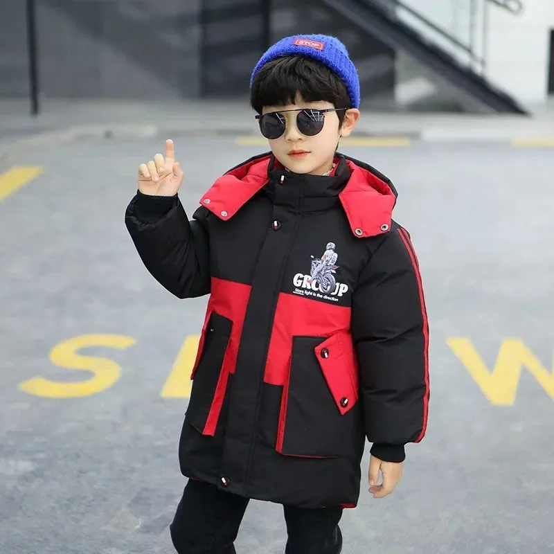 New Winter Polyester Jacket For Boys 2022 Thicken Korean Version Cotton Hooded Fashion Coat Casual Patchwork Children's Clothing | Мать и