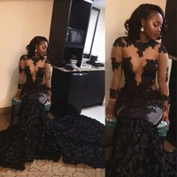 stunning black african prom dresses mermaid illusion flowers long sleeves evening dress long sweep train arabic dubai paty gowns