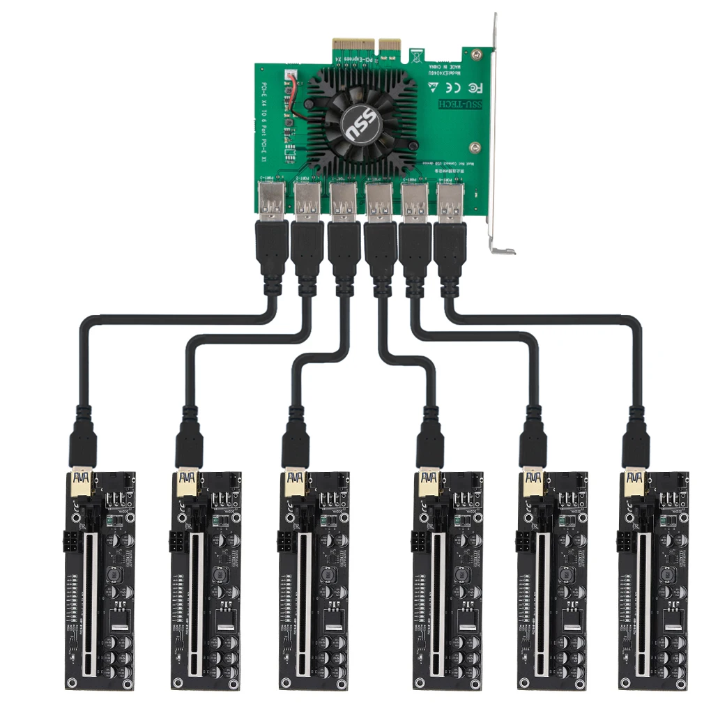 

Newest PCIE 1 to 6 PCI Express X4 20Gb 1 to 6 Riser Card Adapter PCI-E Slot 4X to 16X USB 3.0 Riser Extender For Video Card