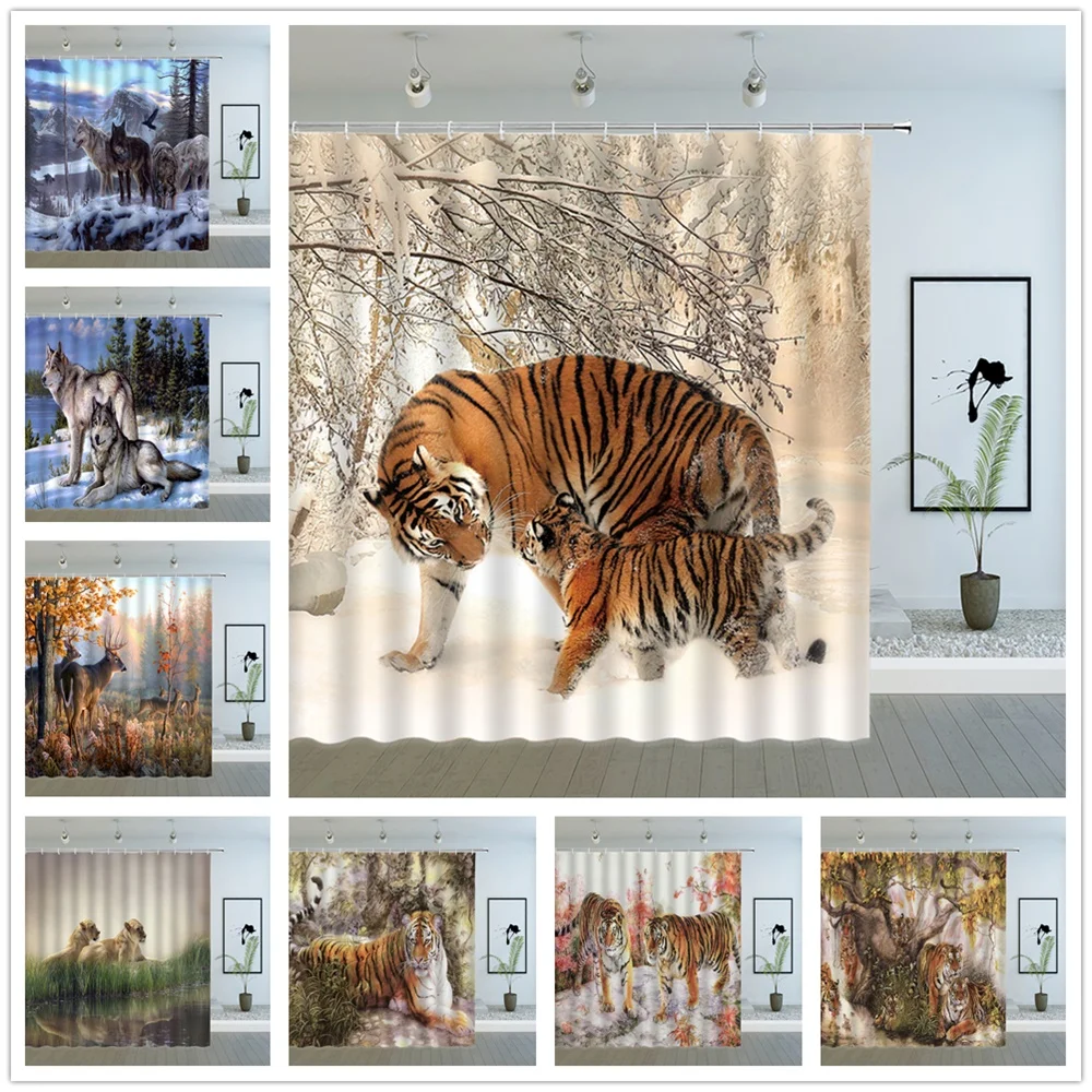 

Занавеска для душа с изображением диких животных, Лев, тигр, волк, олень, всесезонный декоративный комплект из водонепроницаемой ткани с изо...