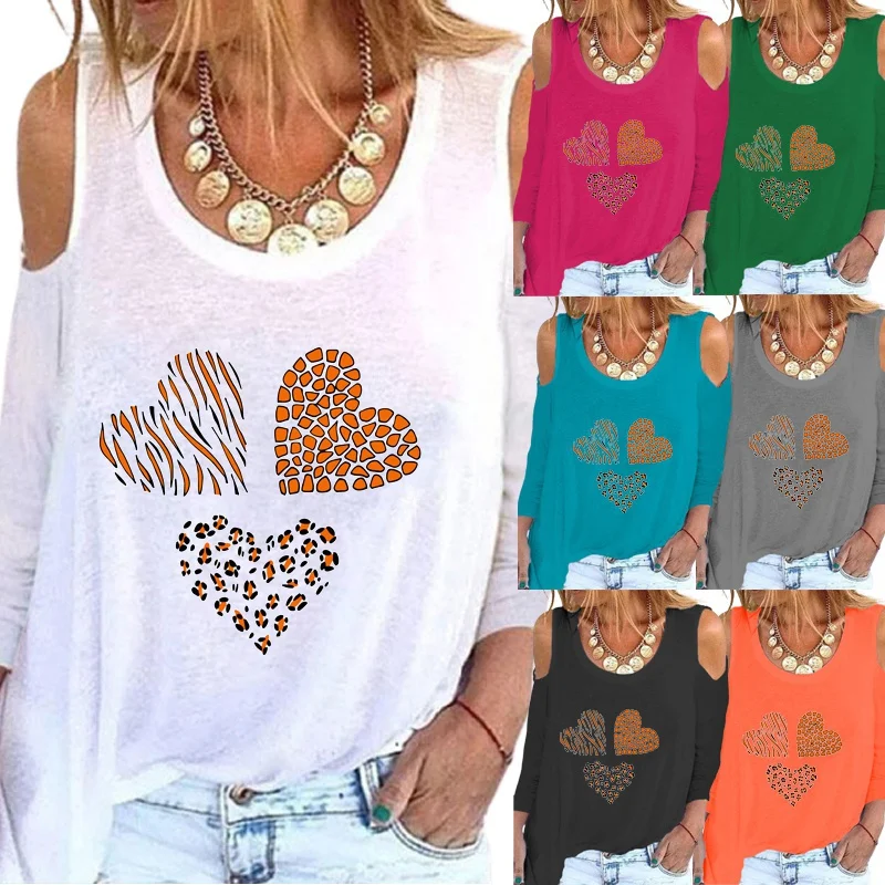 

Spring and Autumn Women Fashion Printing Off Shoulder Round Neck Loose Shirt Casual Solid Color Shirt Graphic Long Sleeve Tops