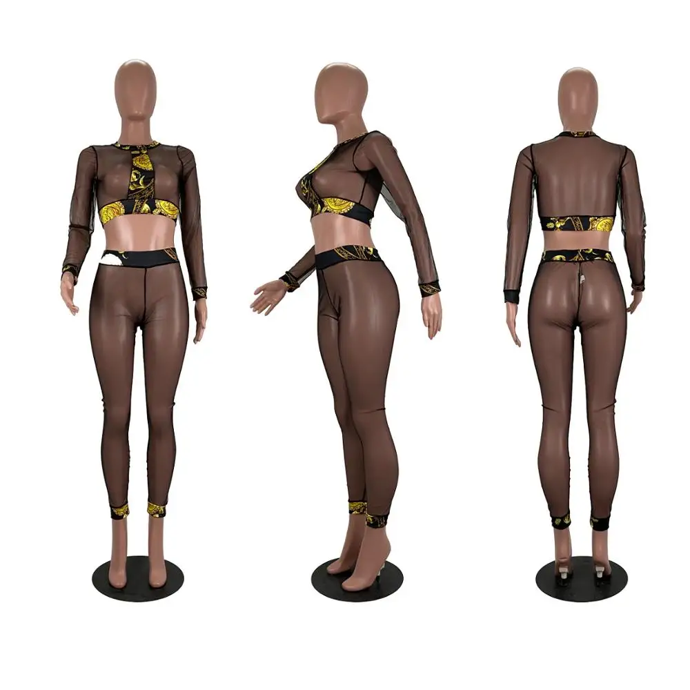

2020 Europe Summer new sexy nightclub net yarn two piece fashion slim print o-neck long sleeve top and long pants women's suit
