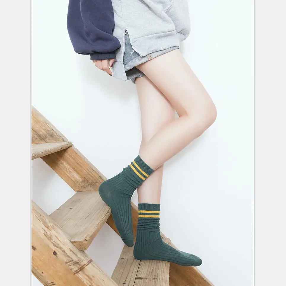 Girls Solid Cotton Crew Socks Striped Cuff Women Ribbed Knitted Sport Sock Warm Winter Socks Ankle Socks Short Socks 8 pairs/lot