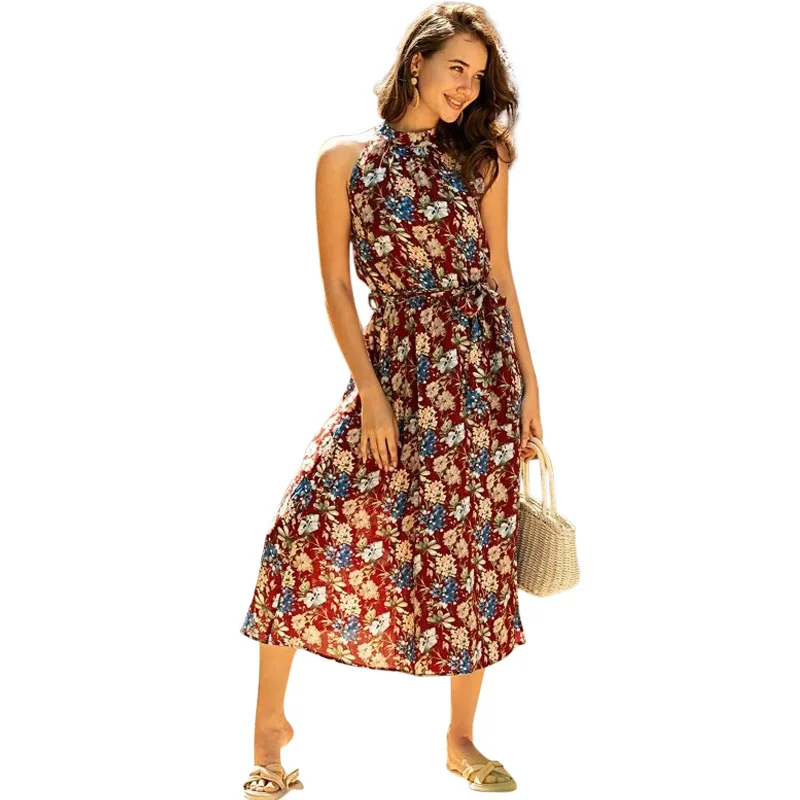 Женское длинное платье с принтом Lybofly летнее на шнуровке высокой талией и круглым