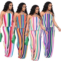fashionable pajama rainbow stripe classic 2 pieces sets halter sleeveless backless top long loose flare pants casual loungewear