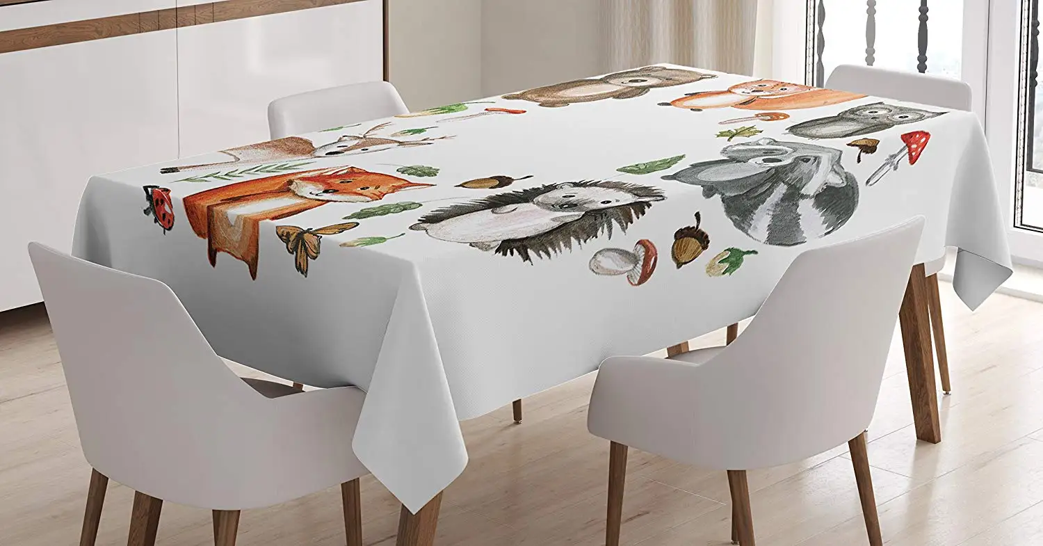 Woodland Tablecloth Animals Forest Mushrooms Acorns Circular Cartoon Pastel Colors Dining Room Kitchen Table Cover | Дом и сад