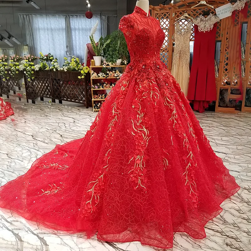 LS31415 элегантное красное вечернее платье невесты с кружевным цветком расшитый