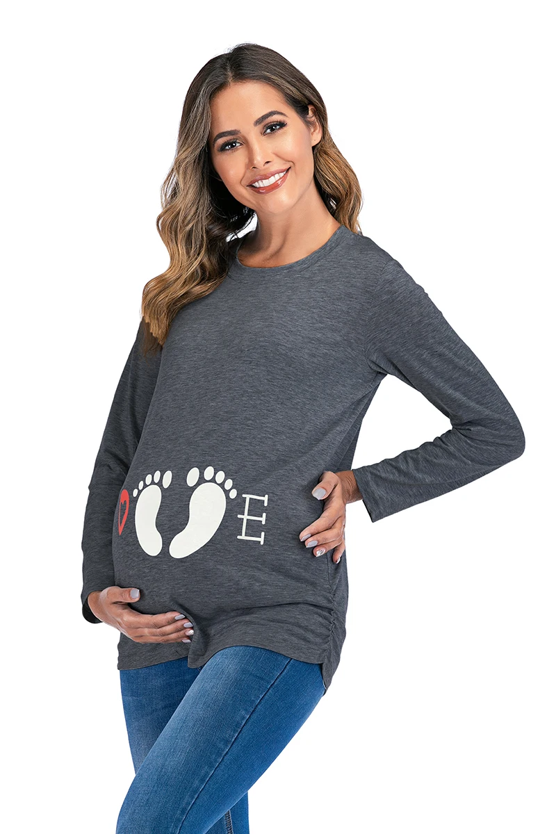 

6116# Funny Printed Maternity T-shirt Spring Autumn Long Sleeve T Shirt Clothes for Pregnant Women Footprint Pregnancy Tees Tops