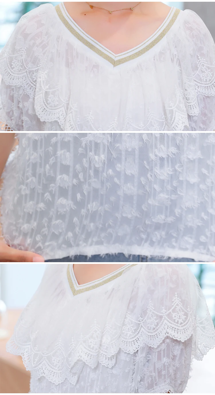 

Summer Women's Blusas Femininas Elegante Ruffled White Blouse Shirts Loose Chiffon V-neck Short-Sleeved Lace ladies Top 63F