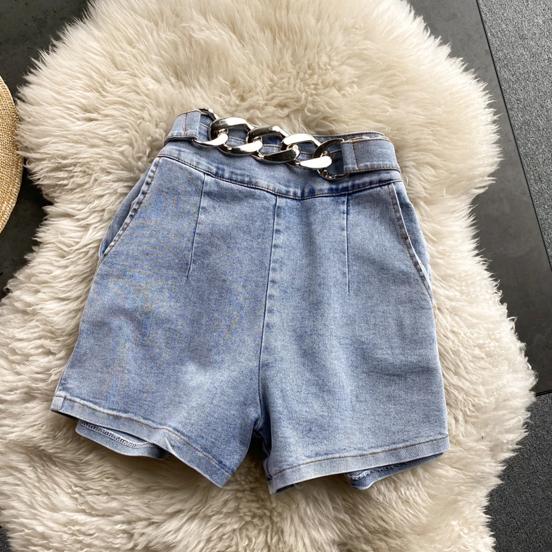 

2021 Summer Denim High Waist Shorts Harajuku Metal Chain Pocket Washable Soft Women's Denim Shorts All-match Hot Women's Pants