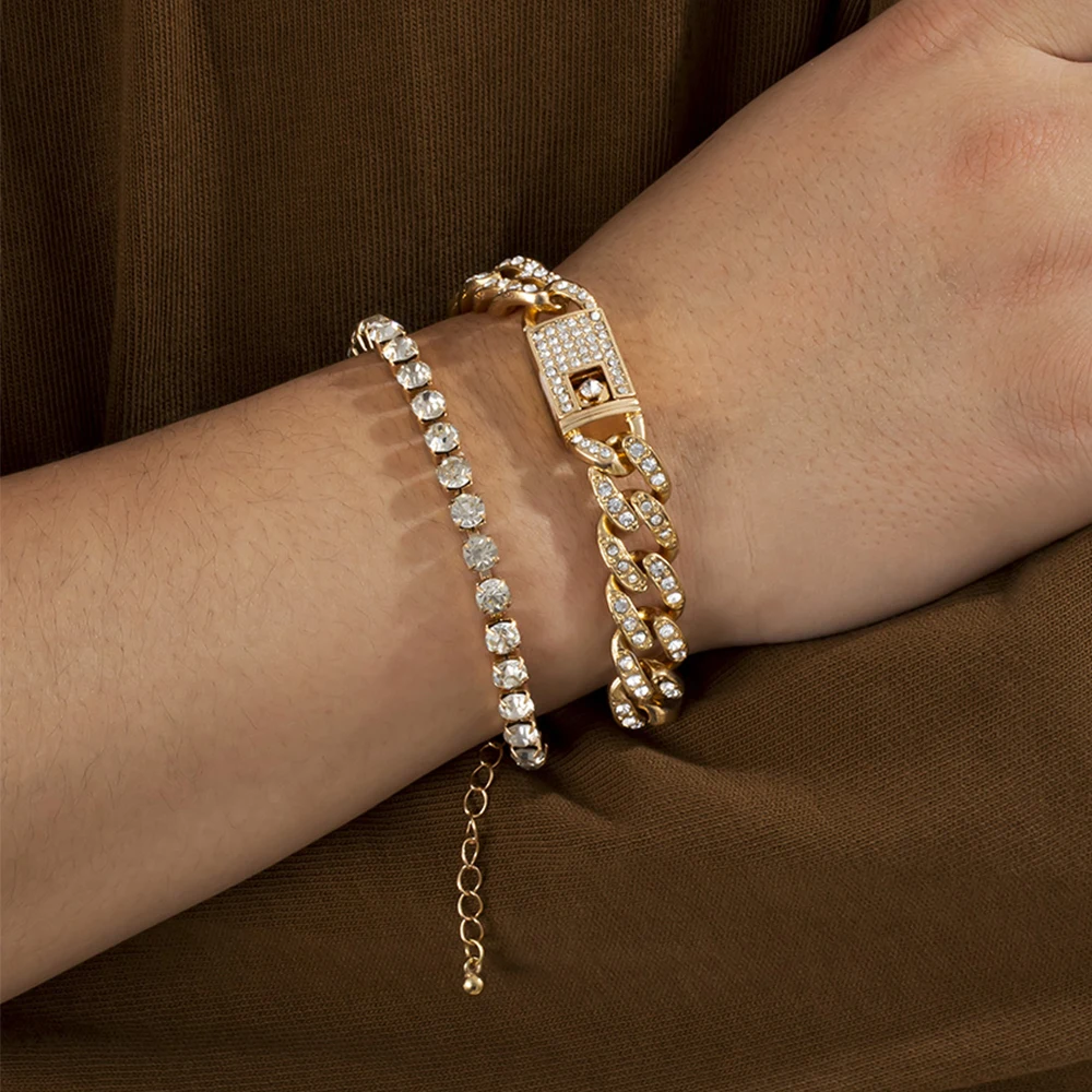 

Ingemark Luxury Iced Out Rhinestone Cuban Link Chain Bracelet Set for Women Men Bling Crystal Bracelets Charm Bangles Jewelry