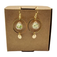 marsh rosemary limonium real flower glass round gold color drop earrings for women boho fashion jewelry bohemian cute handmade