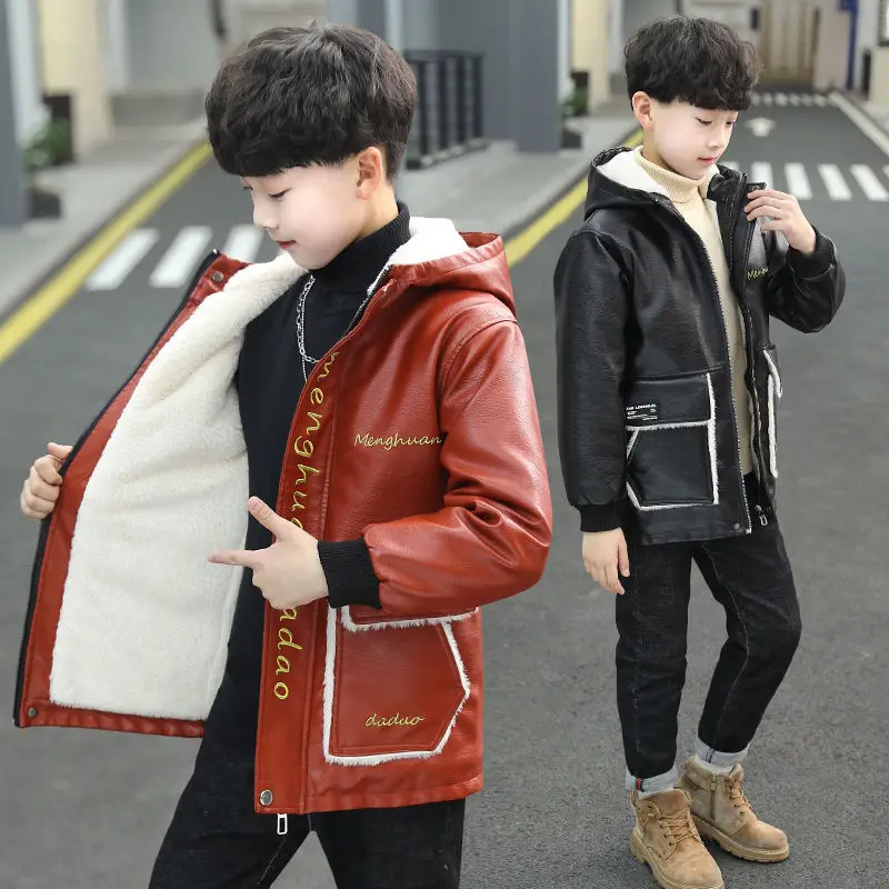 

Faux Leather Jacket For 5-16T Boys 2021 New Fashion Plus Velvet Warm Hooded Children's Outerwear Letters Patchwork Teenager Coat