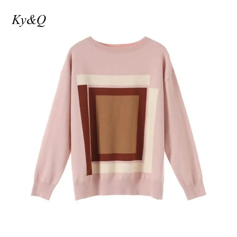 2019 Fall Winter Fashion Sweet Office Pink Geometric Pattern Jacquard Pullover O-neck Sweater Knit Women Long-sleeved Clothes | Женская