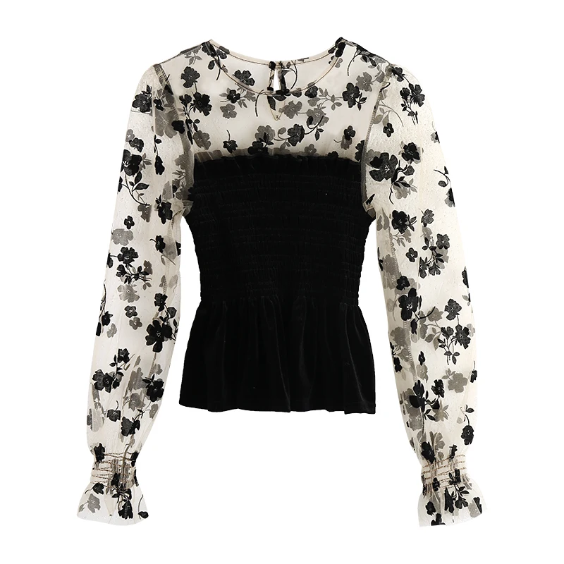 

Floral O-neck Blouses Fashion Retro Shirts Women Patchwork Pleated Ulzzang France Style Mesh Casual Tops Sexy Design Spring New